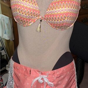 Colorful Geometric Bikini Top and Board Shorts Set